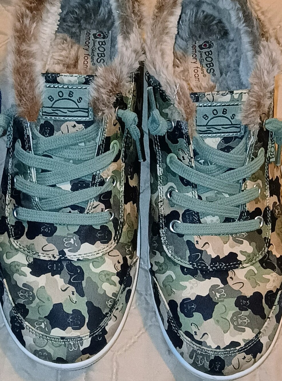 WOMEN'S BOBS by Skechers DOG Camouflage Faux-Fur Lined Sneakers - Green Dog Camo